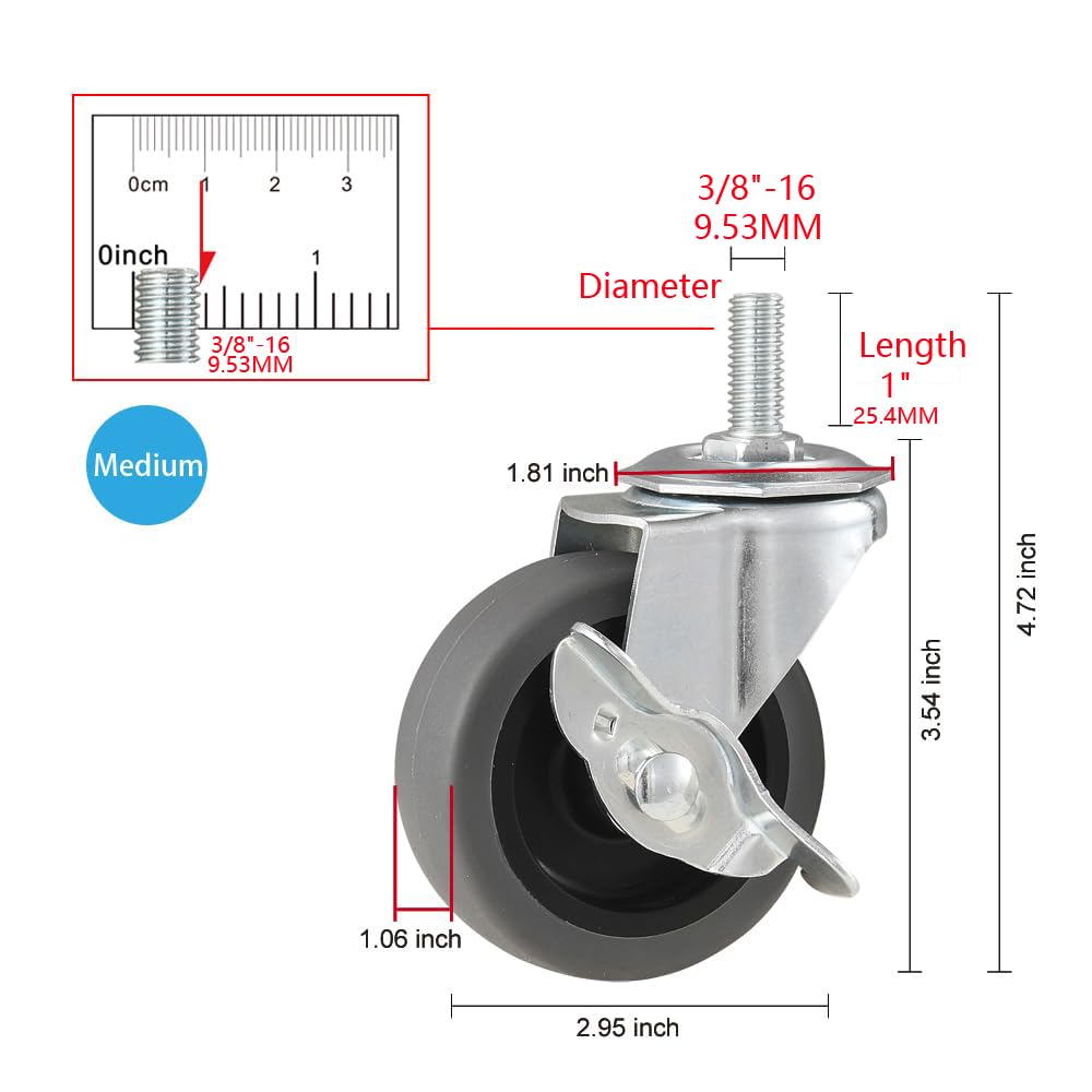 3" Locking Swivel Threaded Stem Casters Set of 4 L641208