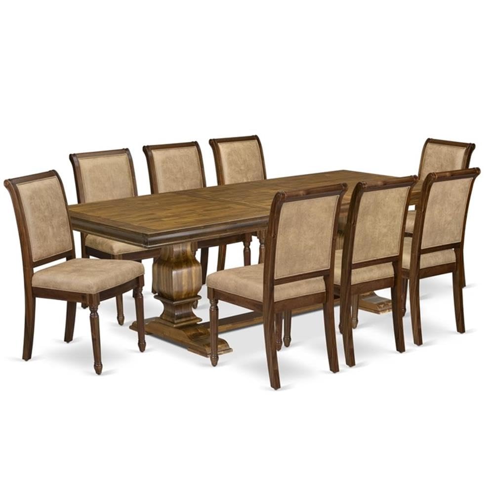 9-Piece Acacia Wood Dining Table Set with Beige PU Leather Chairs P185