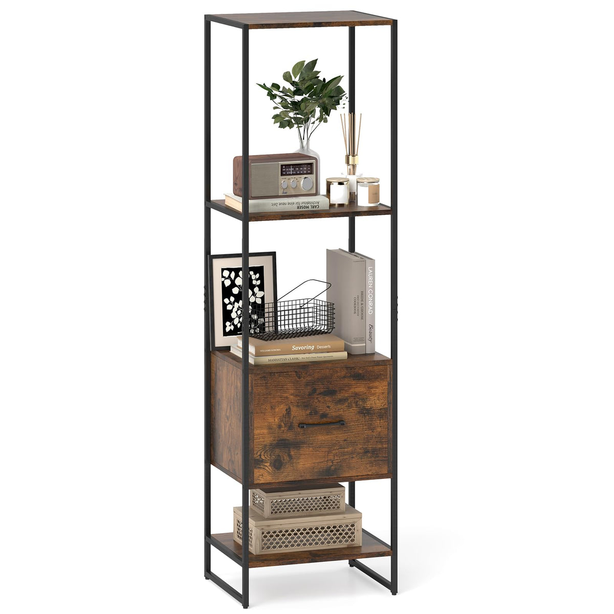 5-Tier Bookshelf with Drawer Narrow Bookcase V5410