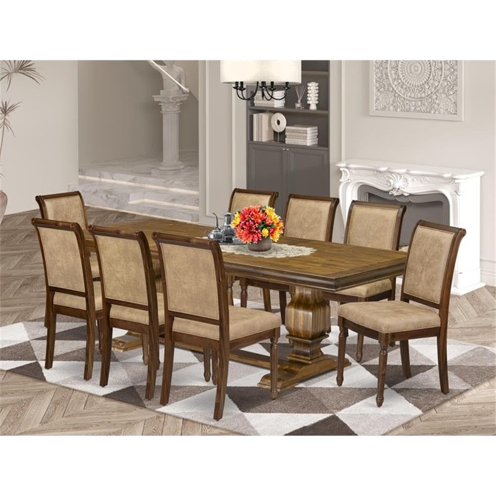 9-Piece Acacia Wood Dining Table Set with Beige PU Leather Chairs P185