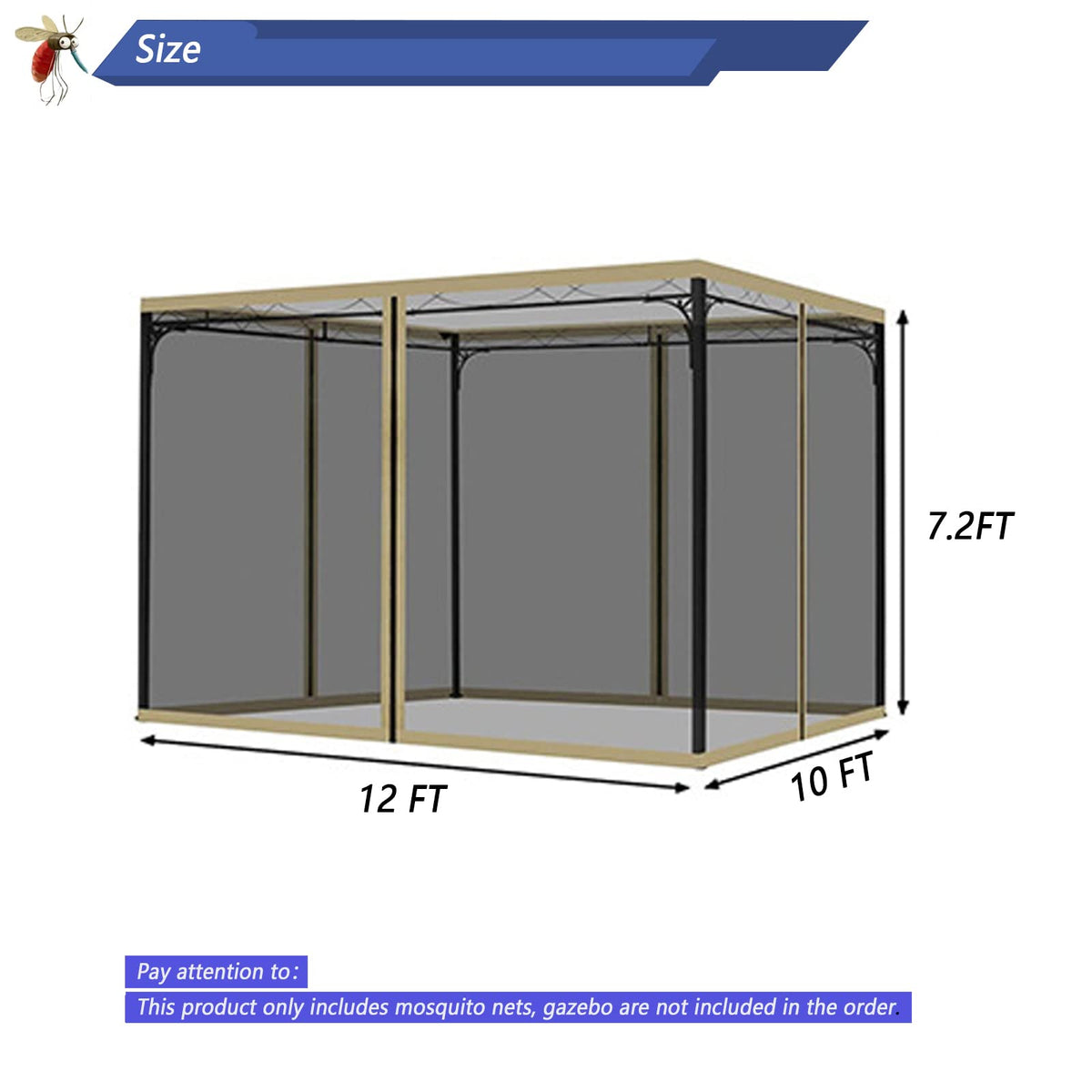 10x12 Gazebo Replacement Mosquito Netting 4-Panel Sidewall Screen with Zipper Black G29519