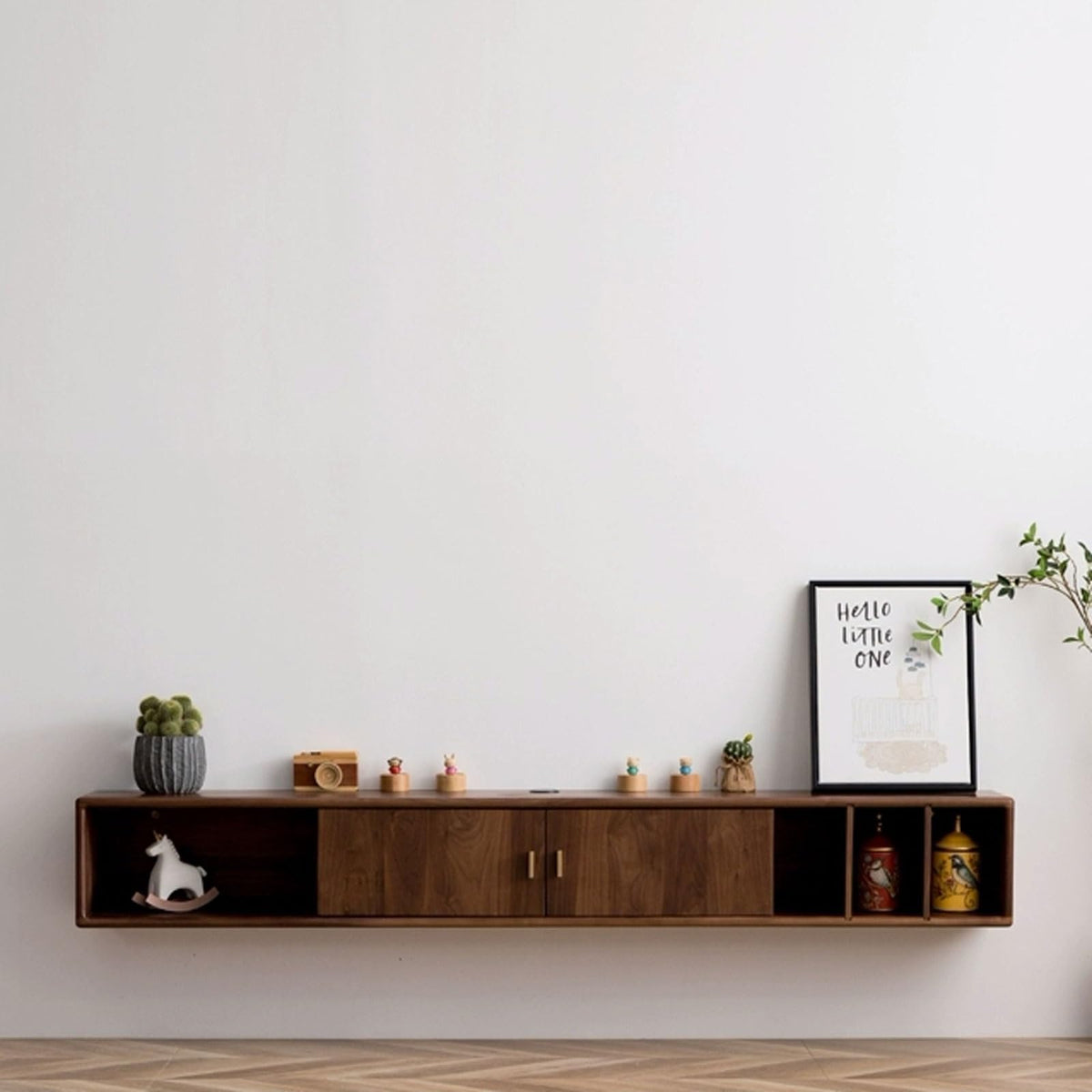 Walnut Wood Wall Mounted Floating TV Stand with Doors and Open Storage Shelves I37457