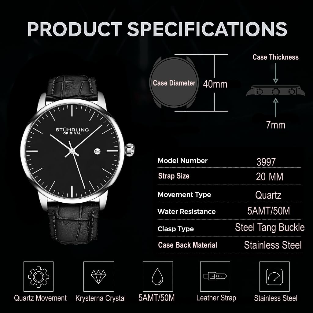 Men's 40mm Ultra Slim Leather Strap Quartz Analog Dress Watch T2890