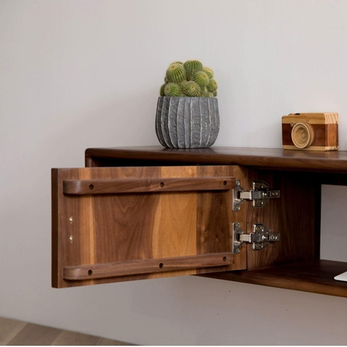 Walnut Wood Wall Mounted Floating TV Stand with Doors and Open Storage Shelves I37457