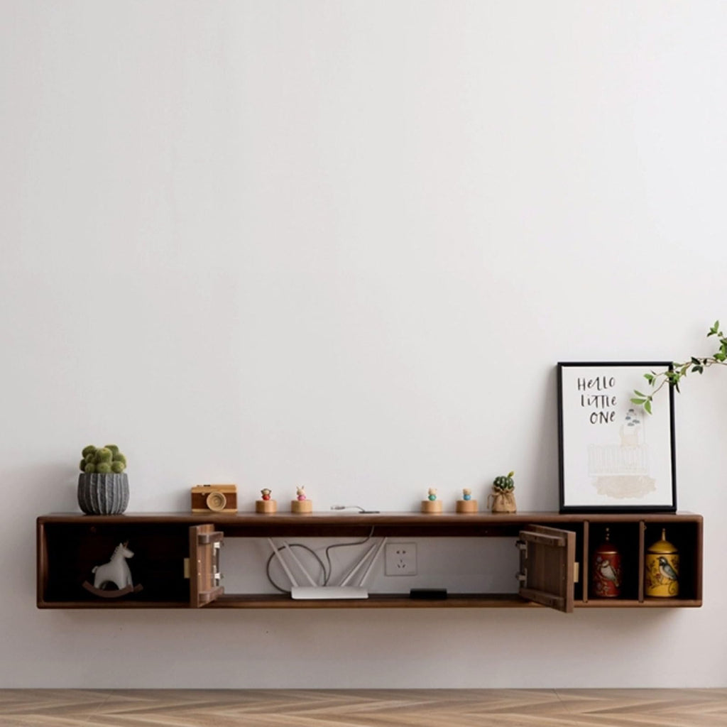 Walnut Wood Wall Mounted Floating TV Stand with Doors and Open Storage Shelves I37457