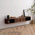 Walnut Wood Wall Mounted Floating TV Stand with Doors and Open Storage Shelves I37457