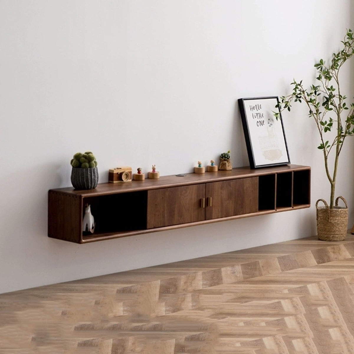 Walnut Wood Wall Mounted Floating TV Stand with Doors and Open Storage Shelves I37457