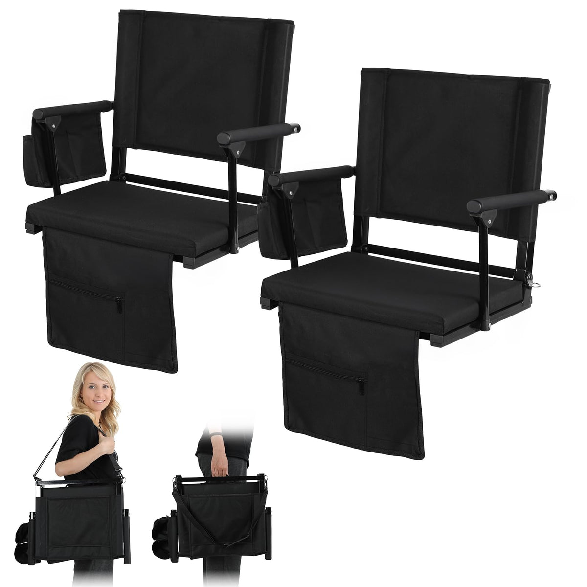 2 Pcs Folding Stadium Seats with Back Support & Cushion D16426