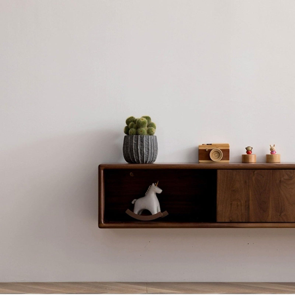 Walnut Wood Wall Mounted Floating TV Stand with Doors and Open Storage Shelves I37457