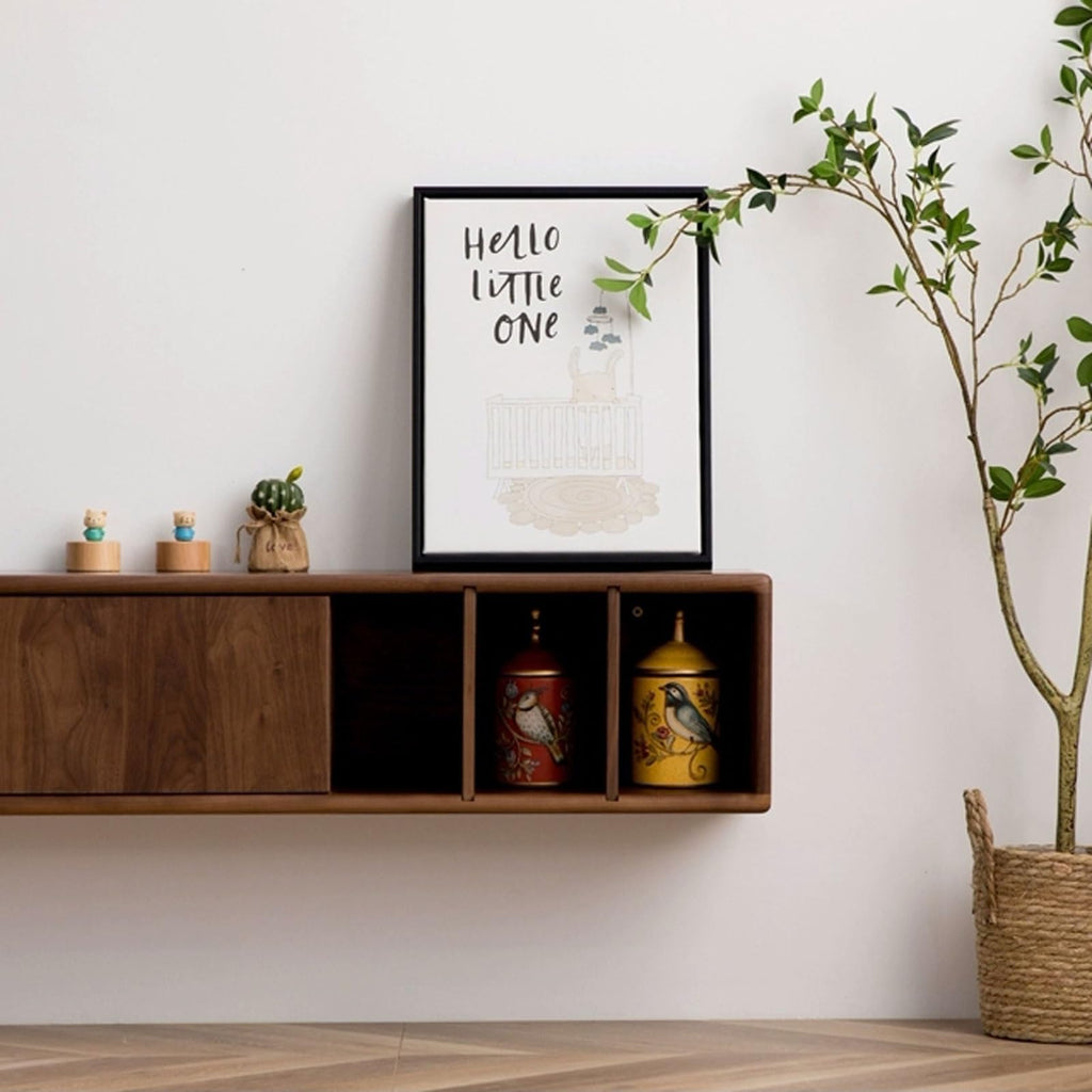 Walnut Wood Wall Mounted Floating TV Stand with Doors and Open Storage Shelves I37457