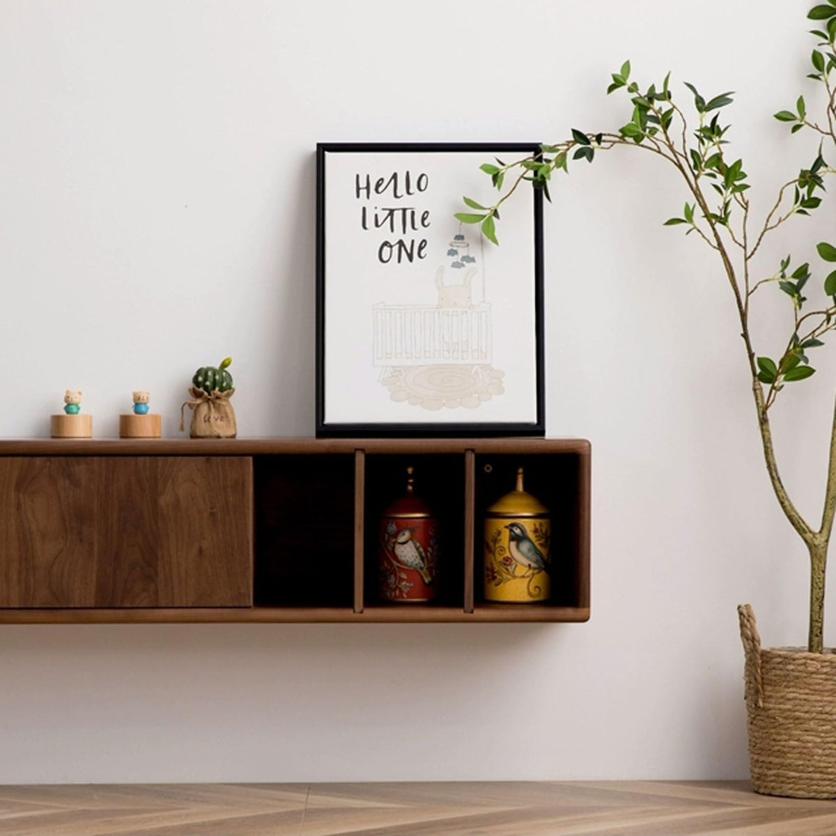 Walnut Wood Wall Mounted Floating TV Stand with Doors and Open Storage Shelves I37457