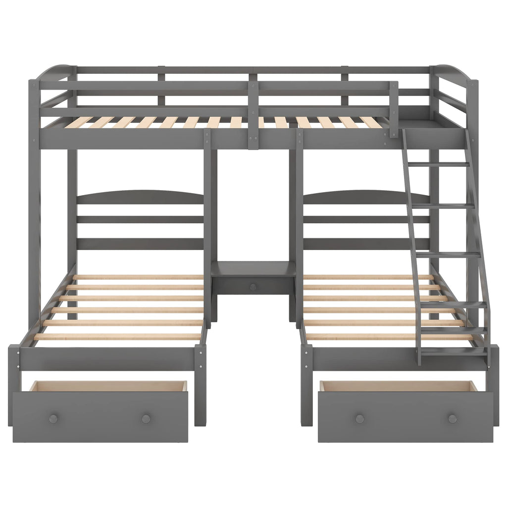 Full Over 2 Twin Wood Triple Bunk Bed with 3 Drawers and Guardrails A999838