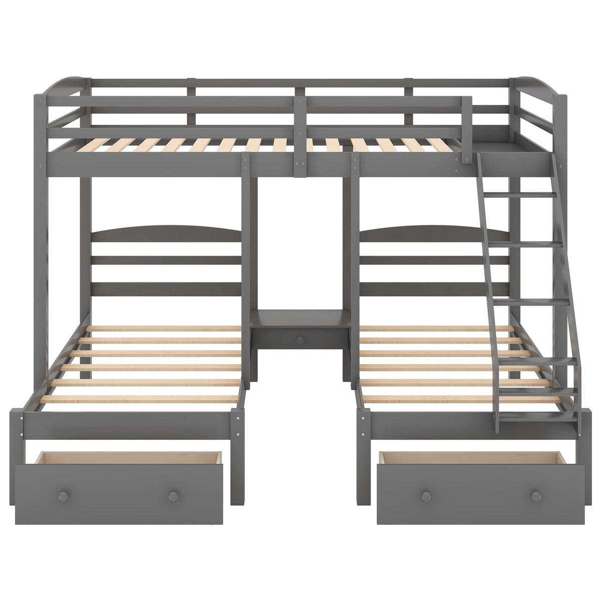 Full Over 2 Twin Wood Triple Bunk Bed with 3 Drawers and Guardrails A999838