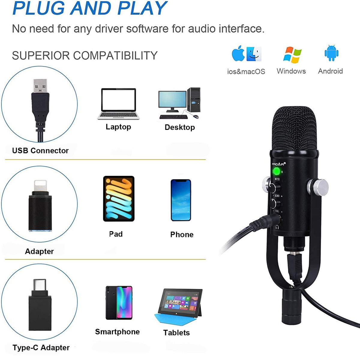 USB Condenser Microphone Kit with Boom Arm R124