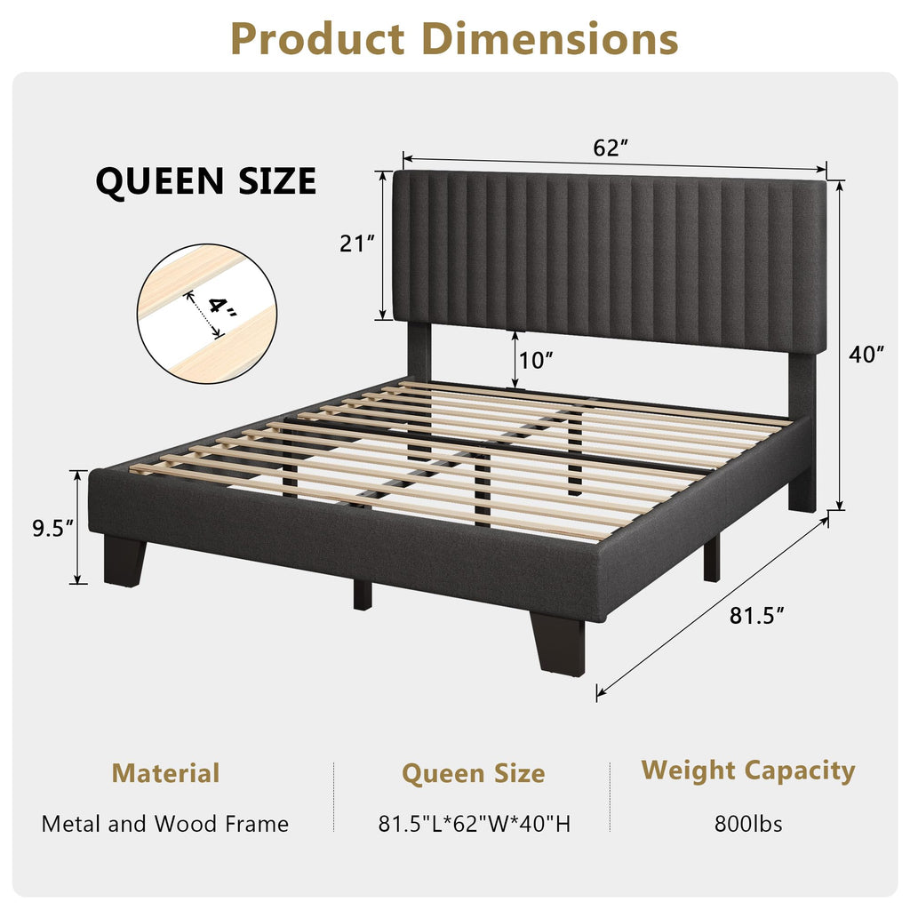 Queen Size Upholstered Platform Bed with Linen Headboard H102