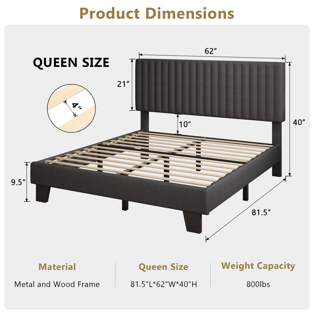 Queen Size Upholstered Platform Bed with Linen Headboard H102