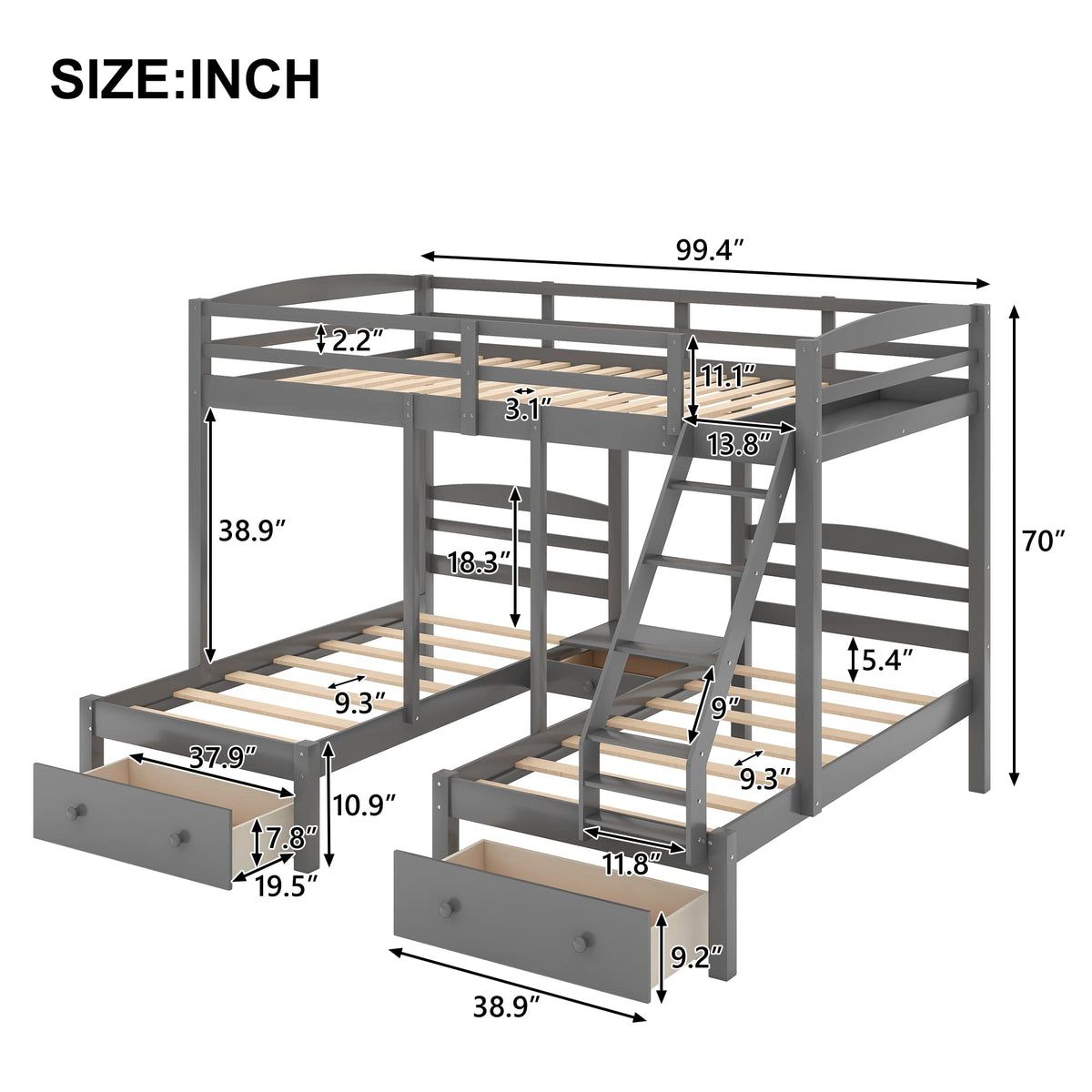 Full Over 2 Twin Wood Triple Bunk Bed with 3 Drawers and Guardrails A999838