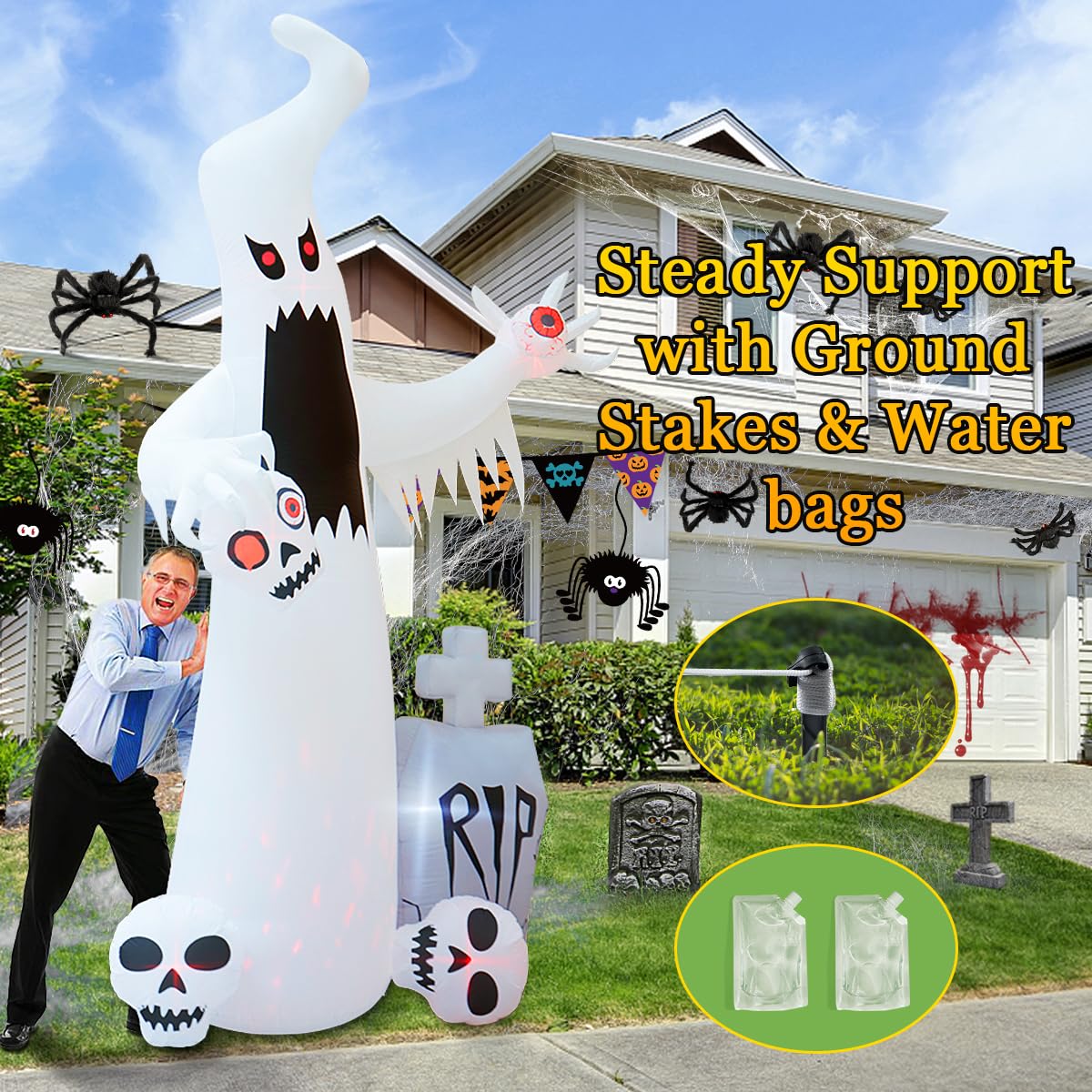 12 FT Halloween Inflatables Ghost with 3 Skulls C9318