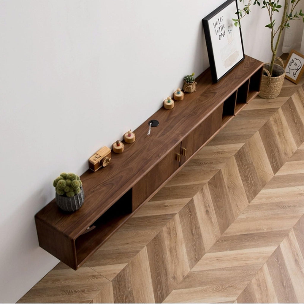 Walnut Wood Wall Mounted Floating TV Stand with Doors and Open Storage Shelves I37457