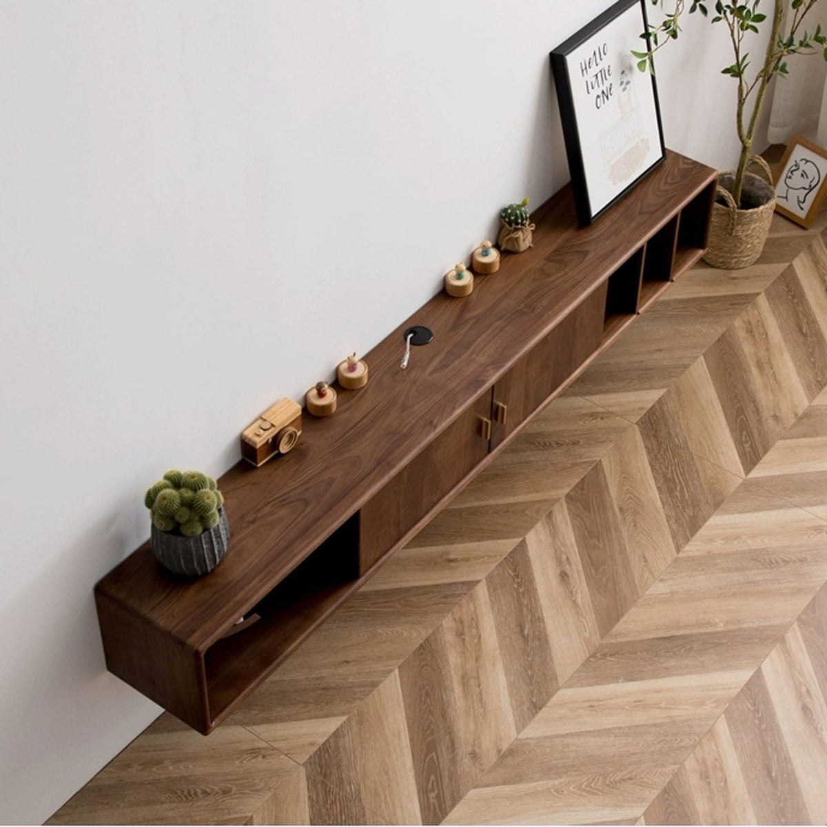 Walnut Wood Wall Mounted Floating TV Stand with Doors and Open Storage Shelves I37457