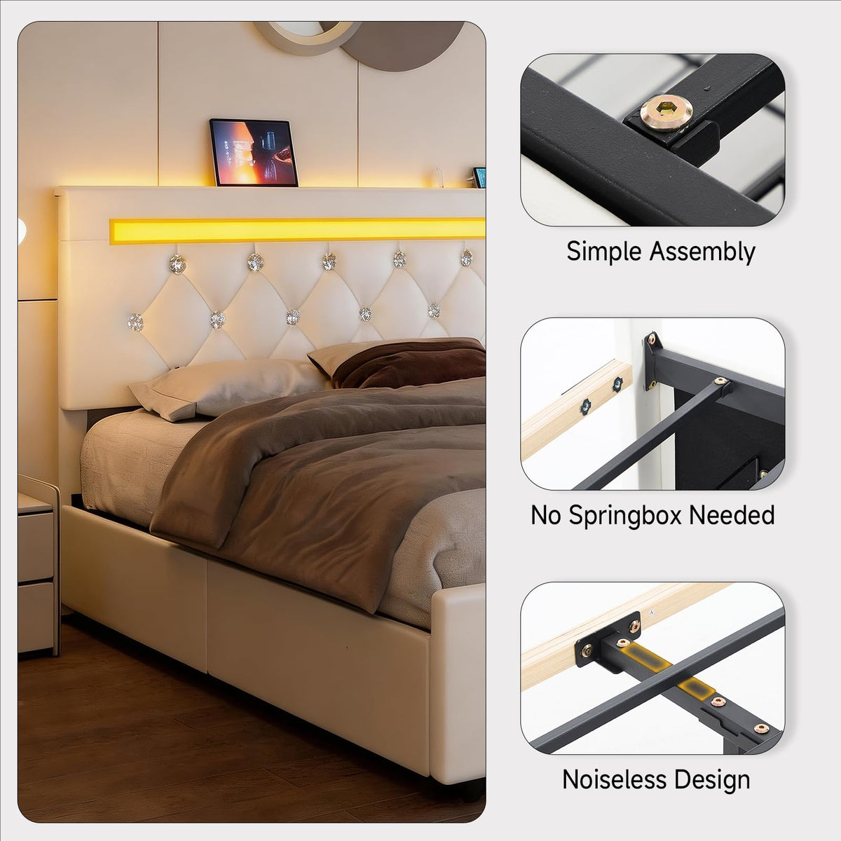 White Full Size Storage Bed with 4 Drawers and Adjustable Headboard Y4020