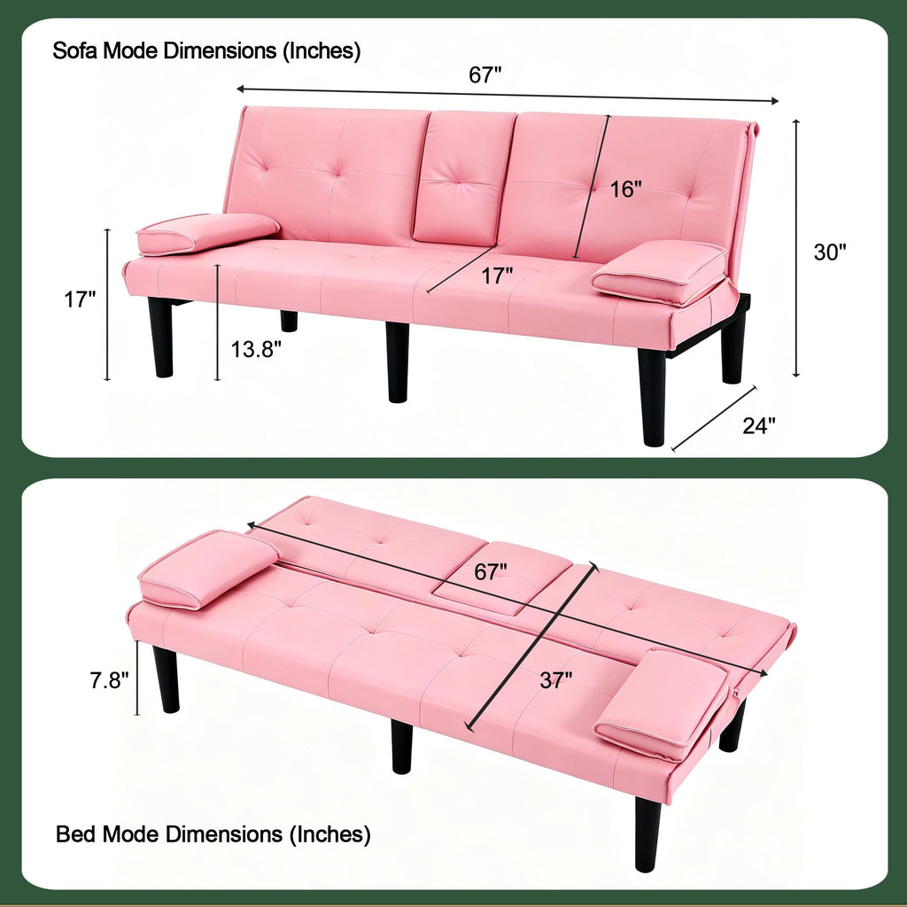67" Convertible Sofa Bed with Cup Holders, Pink D27697