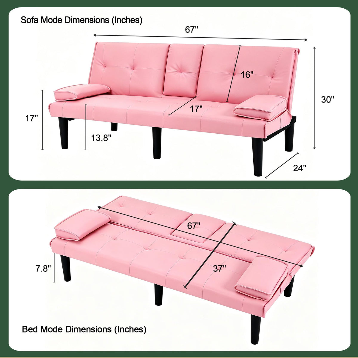 67" Convertible Sofa Bed with Cup Holders, Pink D27697