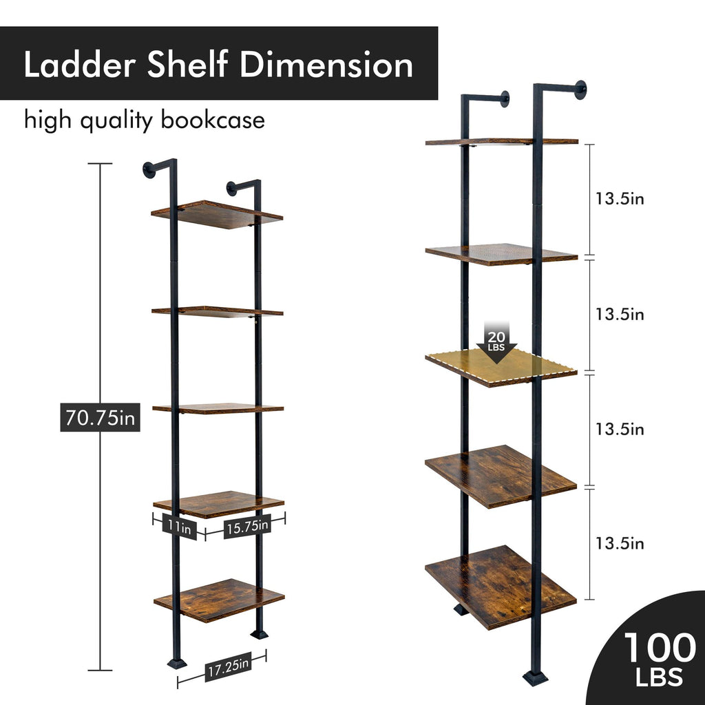 5-Tier Ladder Shelf Black Metal Frame Rustic Brown N46478