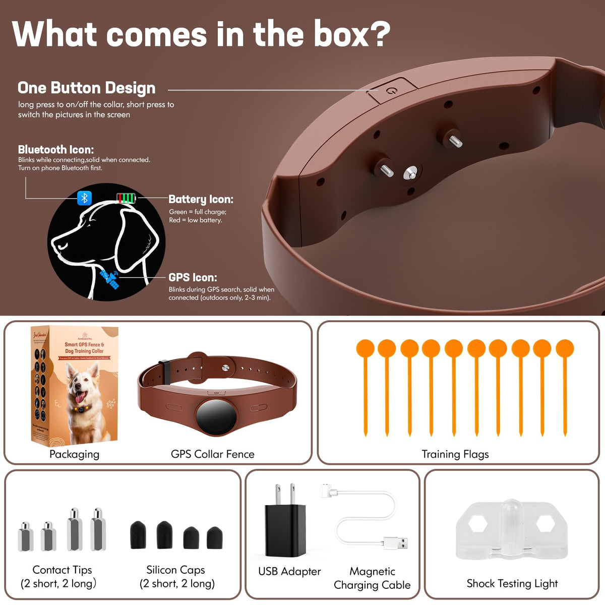 Wireless Dog Fence Collar, 64-3280ft Adjustable, Rechargeable IP7 Waterproof, Brown A1591