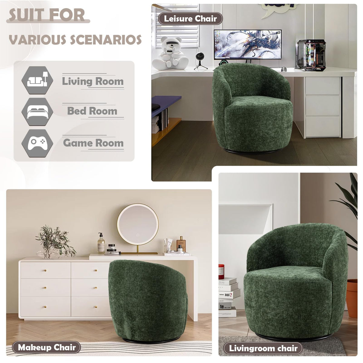 Green Chenille Swivel Barrel Chair S791