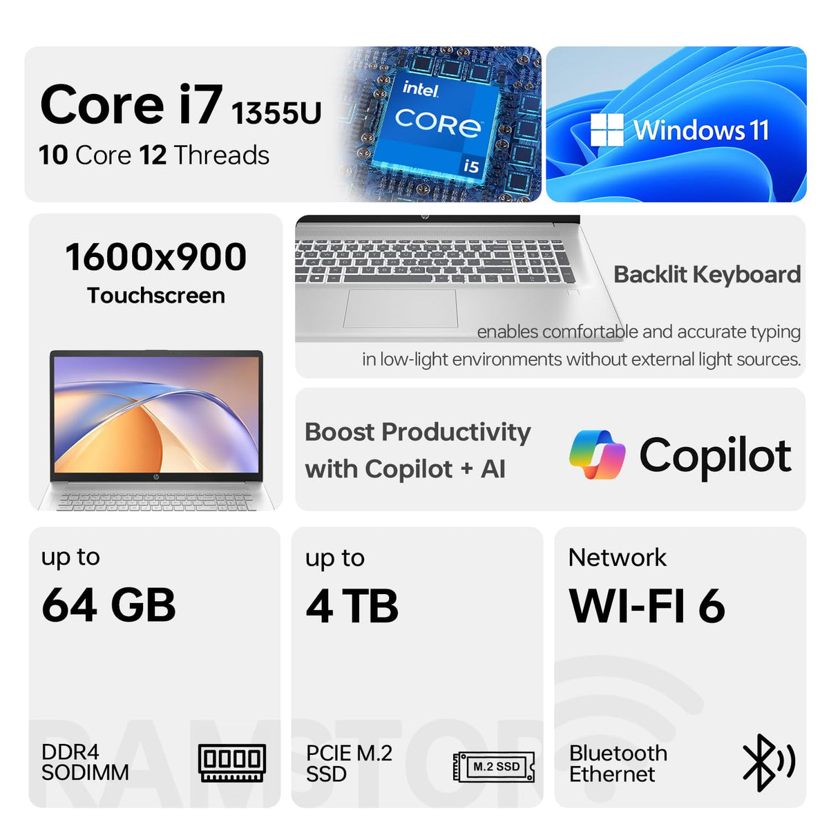 17.3" HD+ Touchscreen Laptop, Intel Core i7, 16GB RAM, 512GB SSD, Silver T624399
