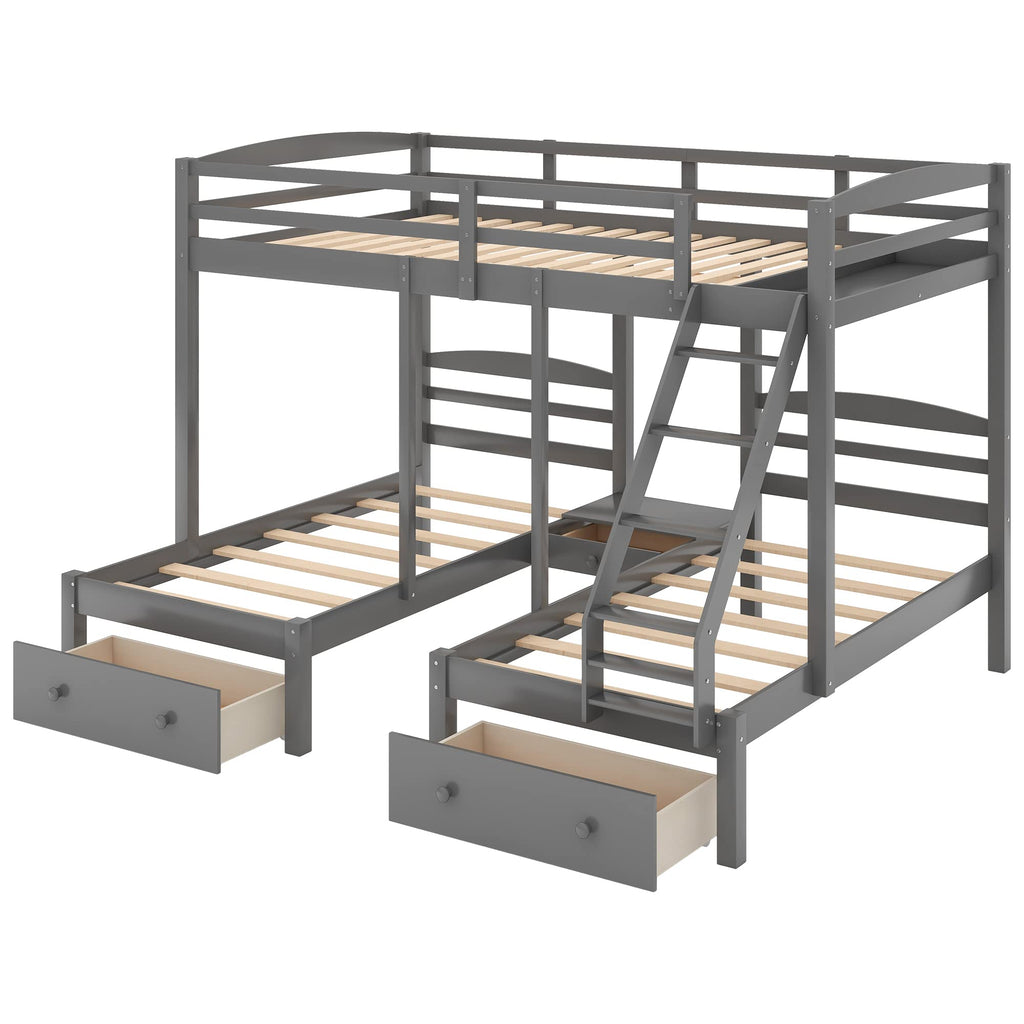 Full Over 2 Twin Wood Triple Bunk Bed with 3 Drawers and Guardrails A999838