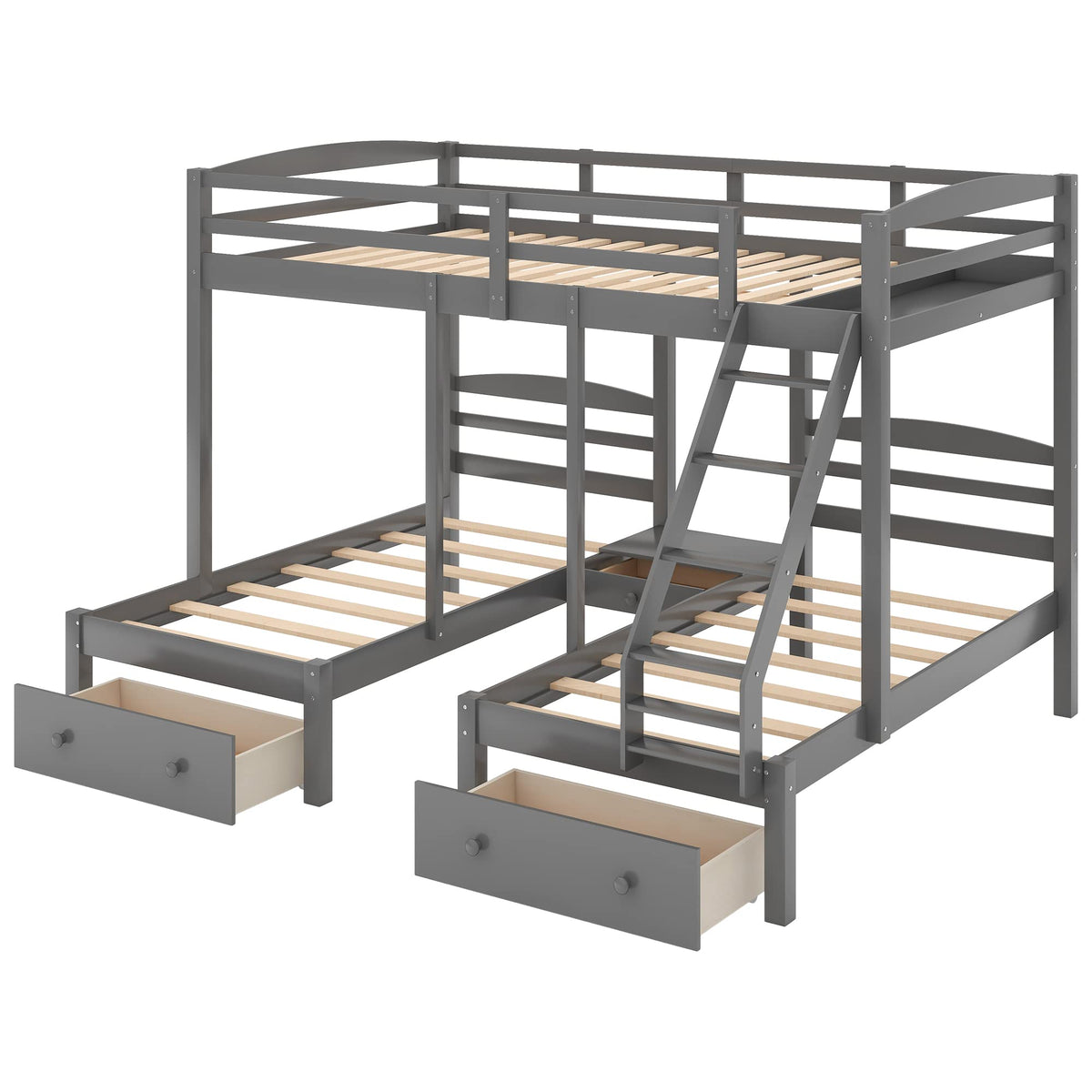 Full Over 2 Twin Wood Triple Bunk Bed with 3 Drawers and Guardrails A999838