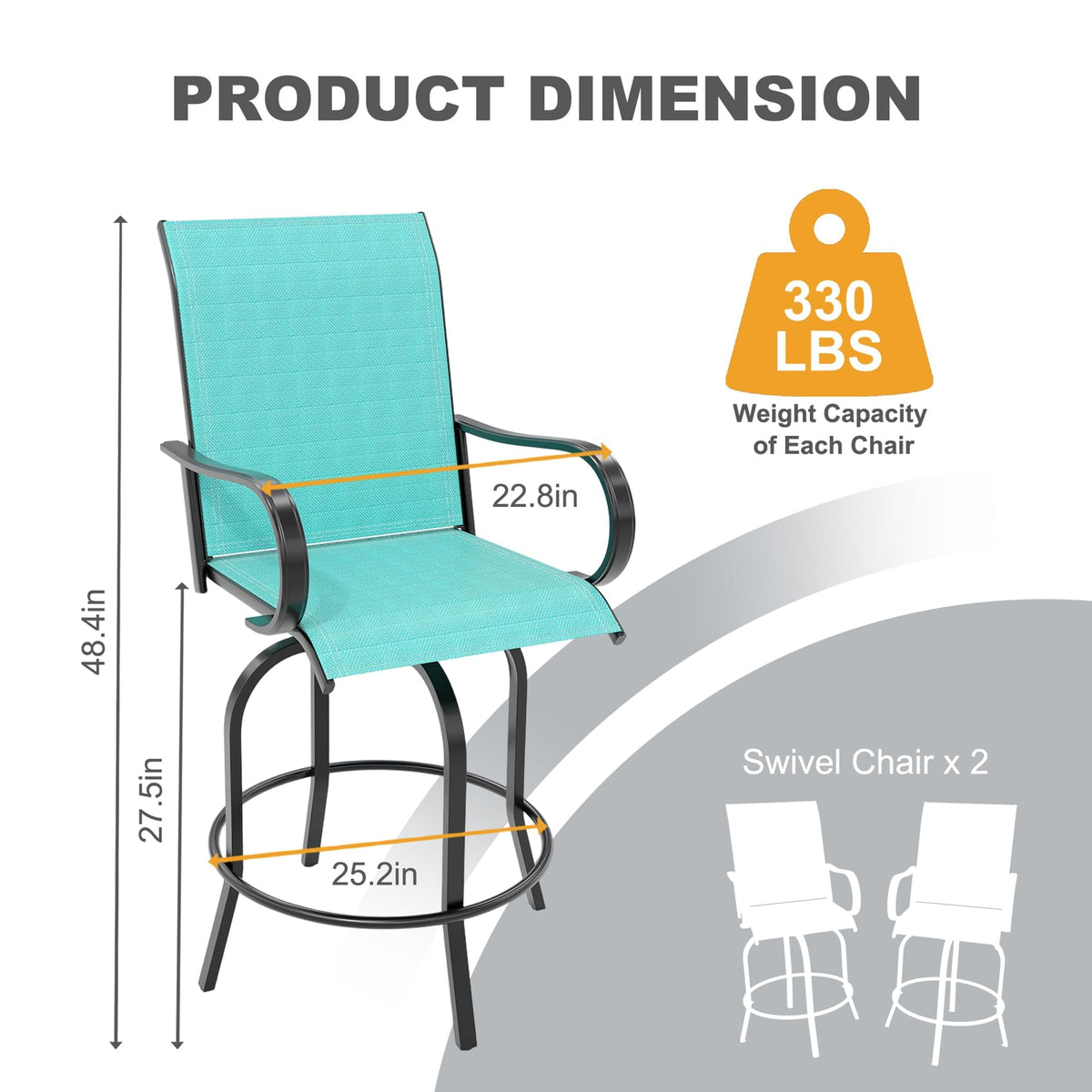 2 Piece Teal Outdoor Swivel Bar Stools with High Back & Armrest B598305