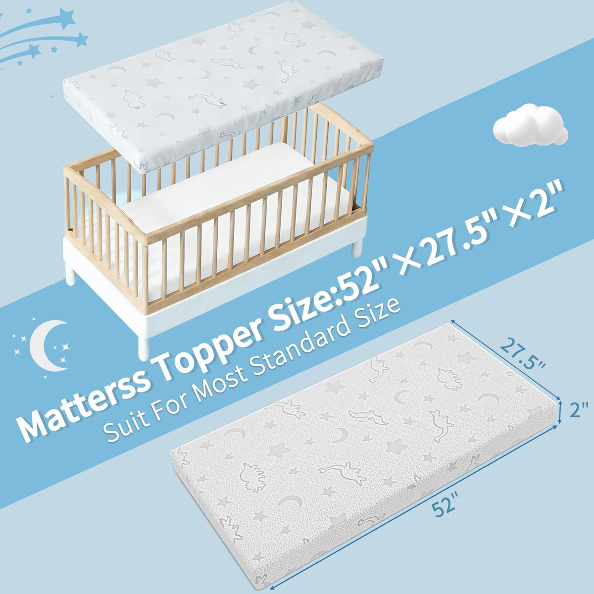 2" High Density Foam Crib Mattress Topper with Waterproof Washable Cover D941336