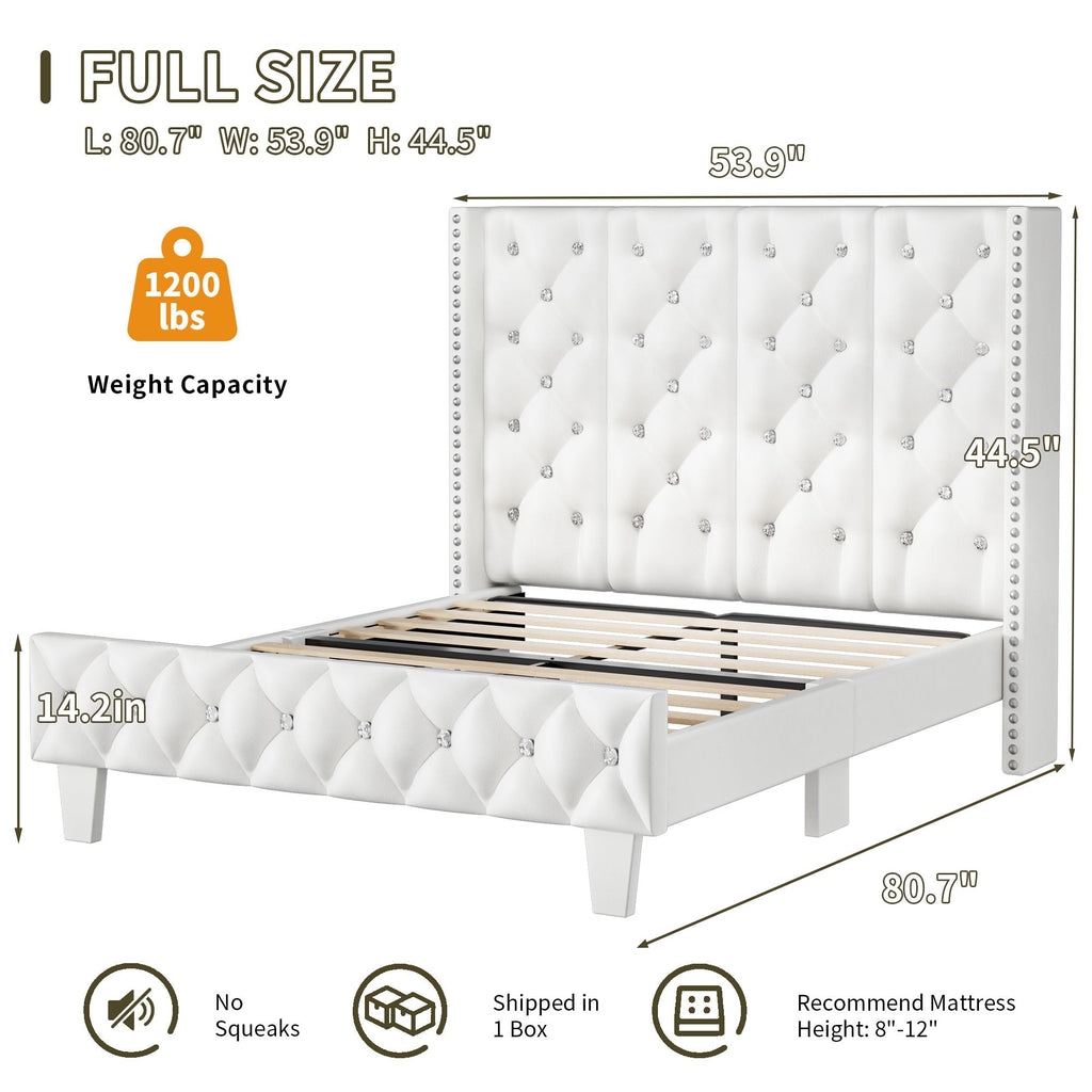 White Upholstered Full Size Bed Frame with Headboard A149802