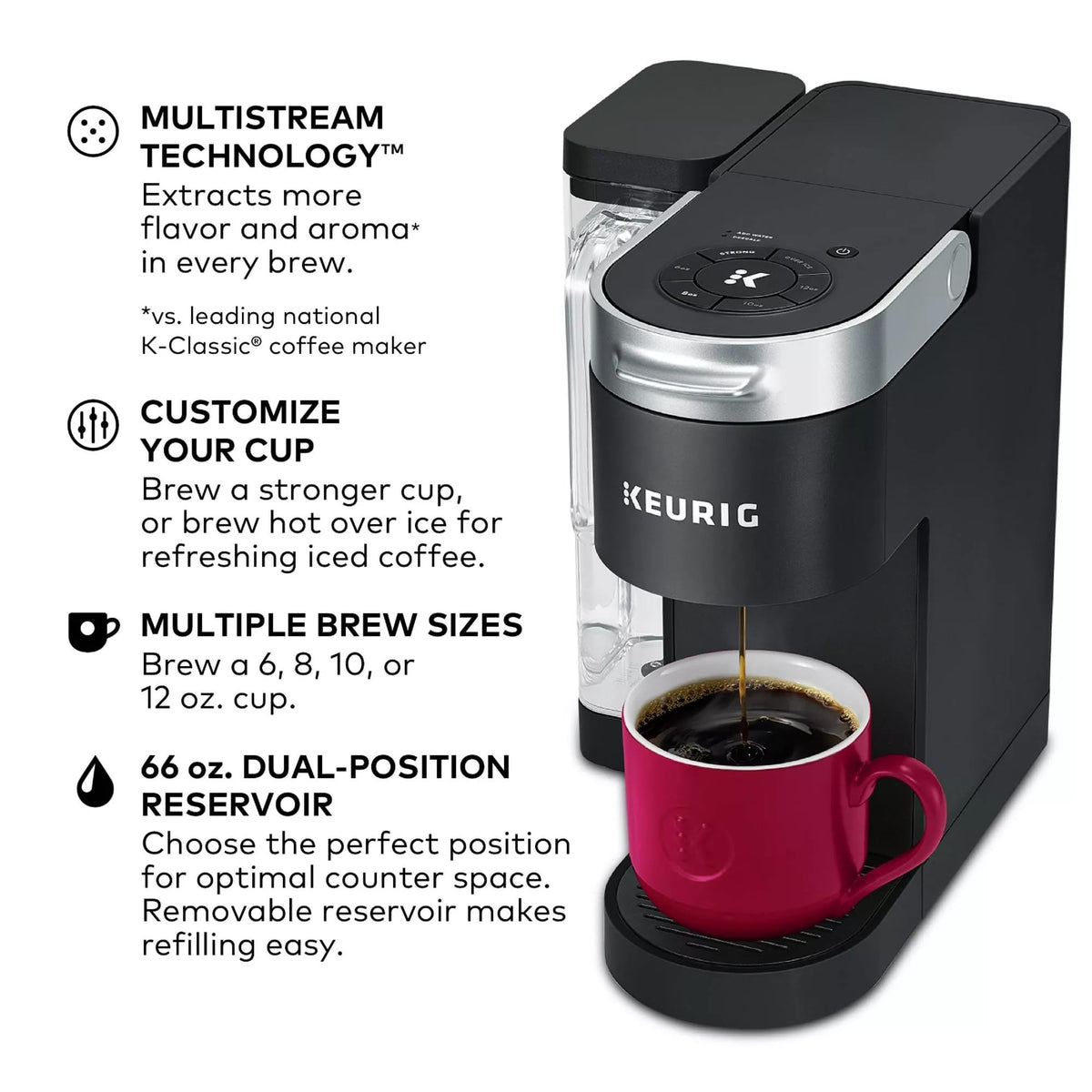 Single Serve K-Cup Pod Coffee Maker, 4 Brew Sizes, 66oz Removable Reservoir, Black Q901938