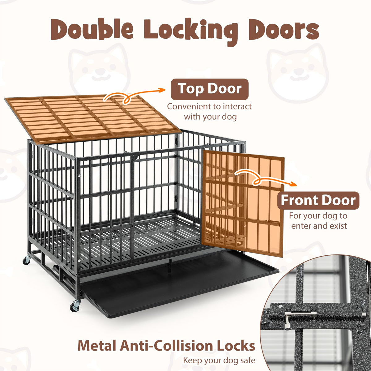 48 Inch Foldable Metal Dog Crate with 2 Lockable Doors W807331