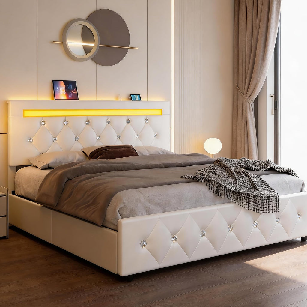White Full Size Storage Bed with 4 Drawers and Adjustable Headboard Y4020
