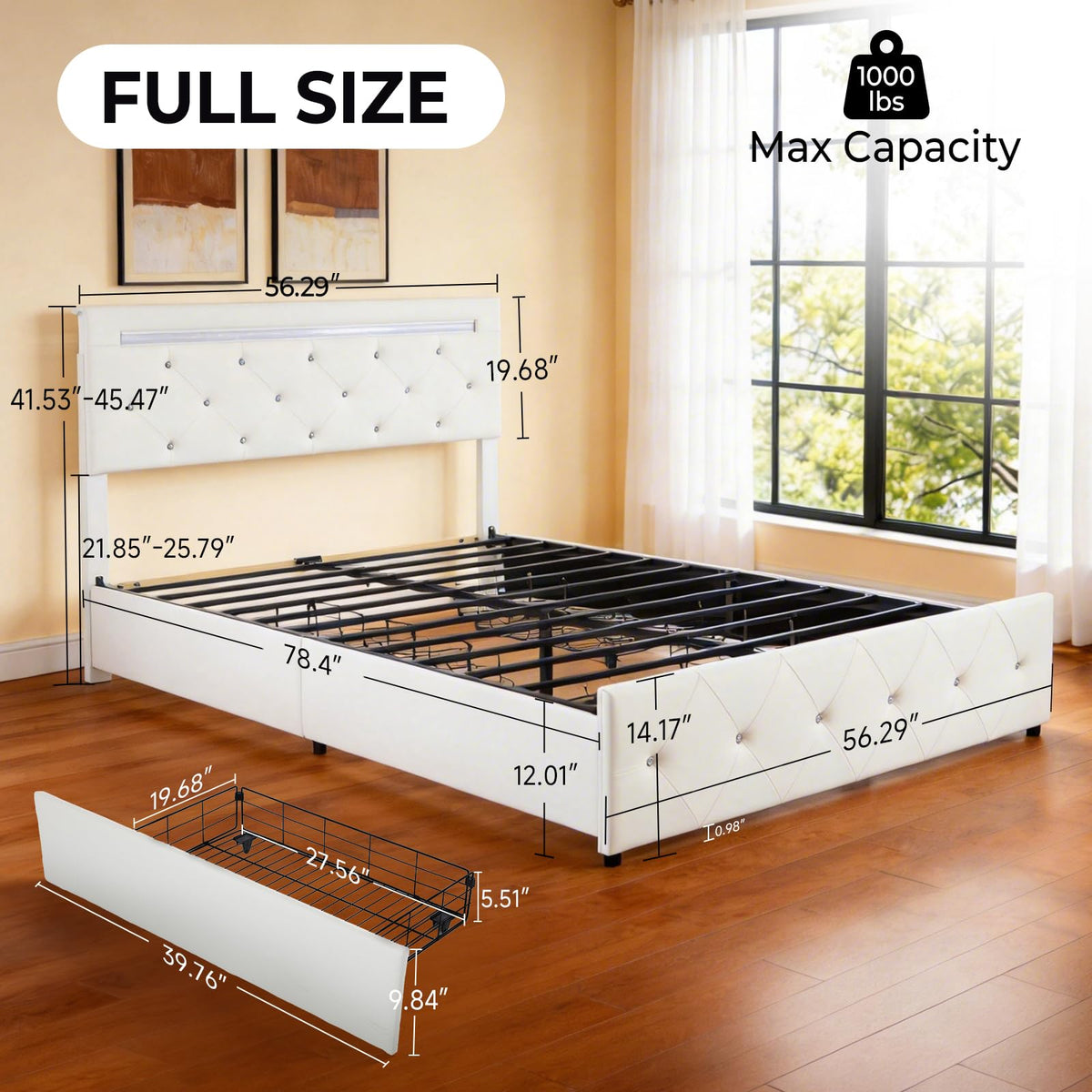 White Full Size Storage Bed with 4 Drawers and Adjustable Headboard Y4020