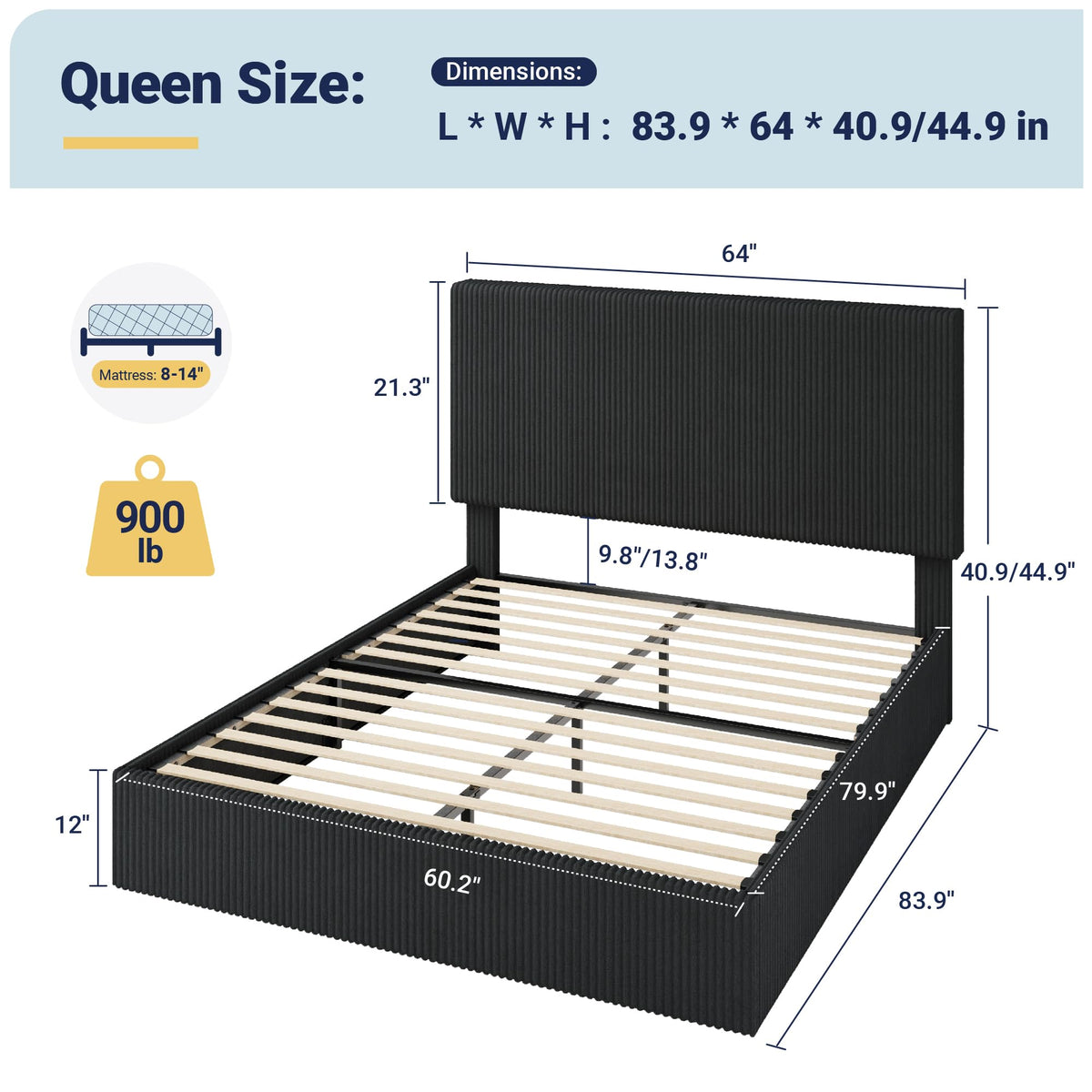 Queen Bed Frame with Adjustable Corduroy Headboard K99949