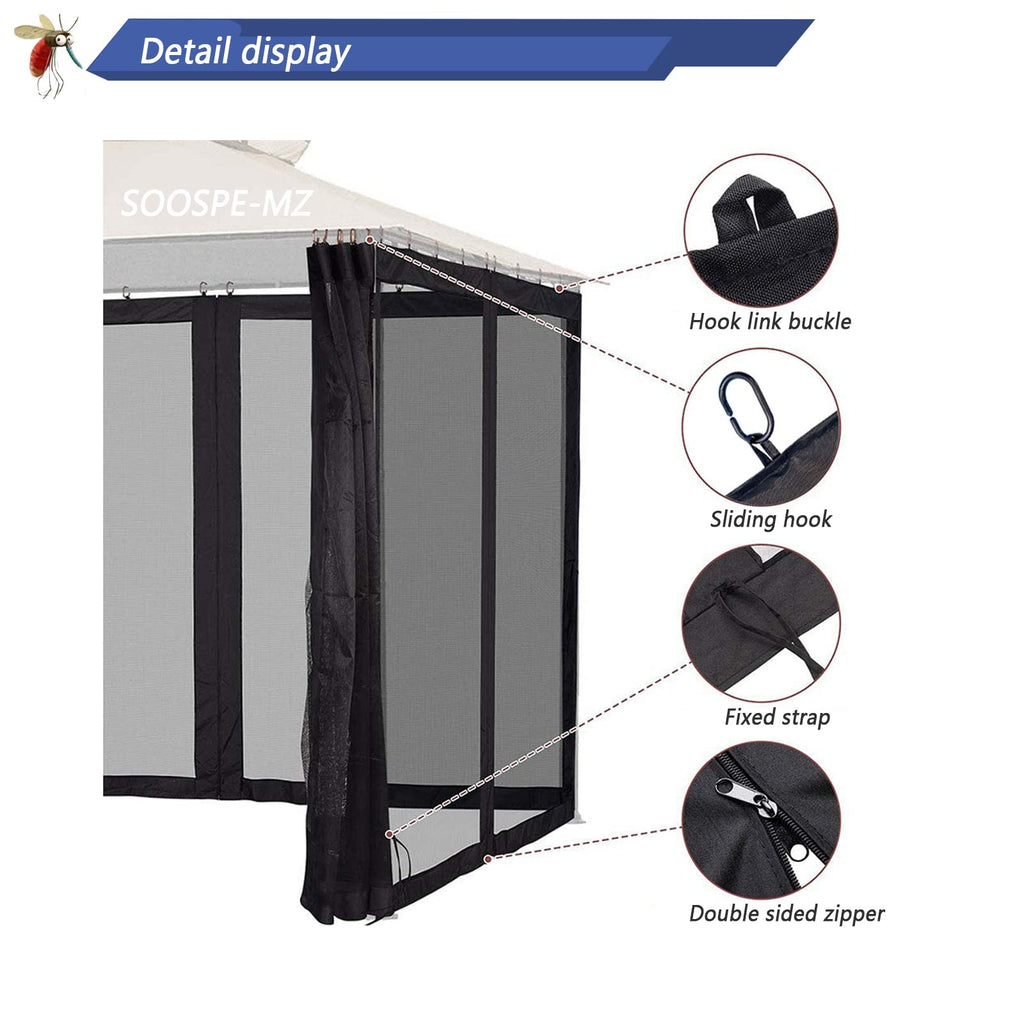 10x12 Gazebo Replacement Mosquito Netting 4-Panel Sidewall Screen with Zipper Black G29519