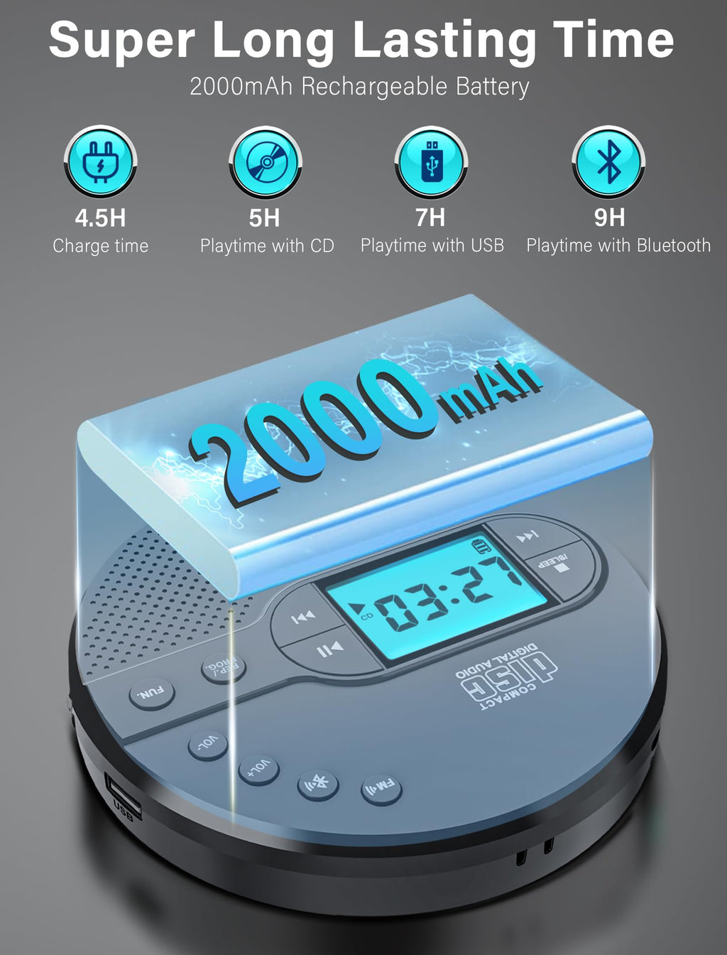 Portable CD Player with Bluetooth USB AUX FM I25788