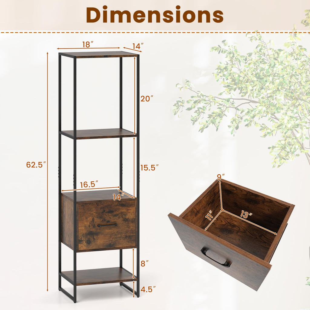 5-Tier Bookshelf with Drawer Narrow Bookcase V5410