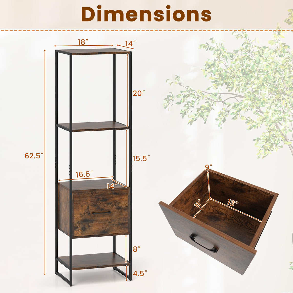 5-Tier Bookshelf with Drawer Narrow Bookcase V5410