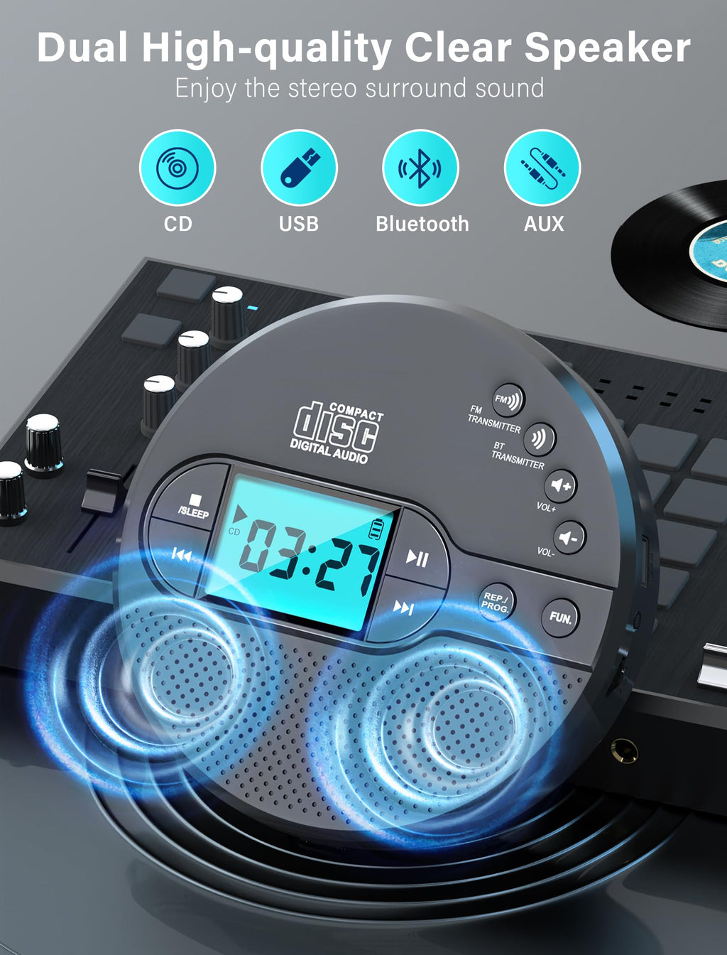 Portable CD Player with Bluetooth USB AUX FM I25788