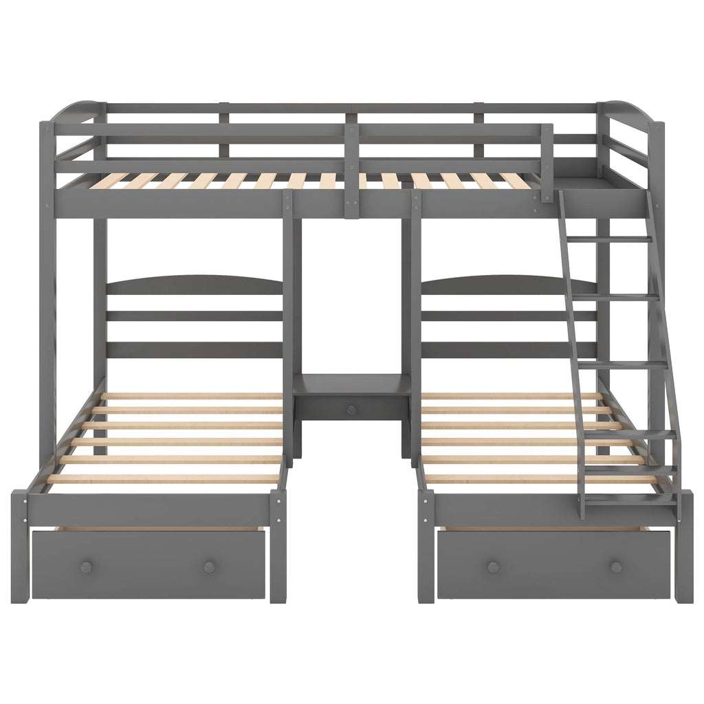 Full Over 2 Twin Wood Triple Bunk Bed with 3 Drawers and Guardrails A999838