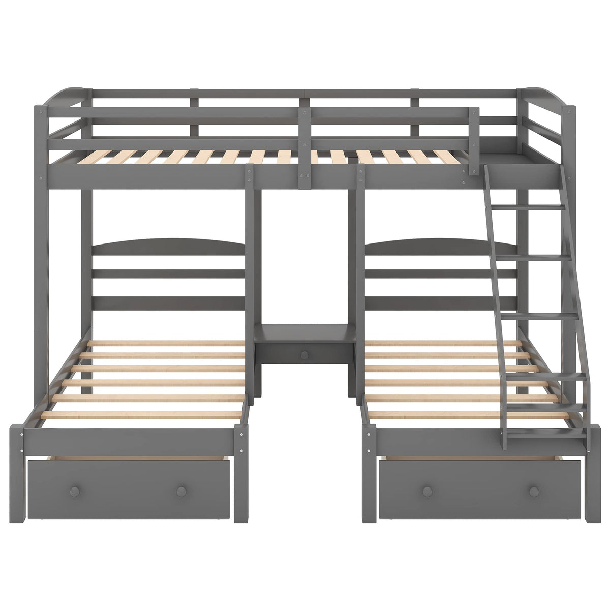 Full Over 2 Twin Wood Triple Bunk Bed with 3 Drawers and Guardrails A999838