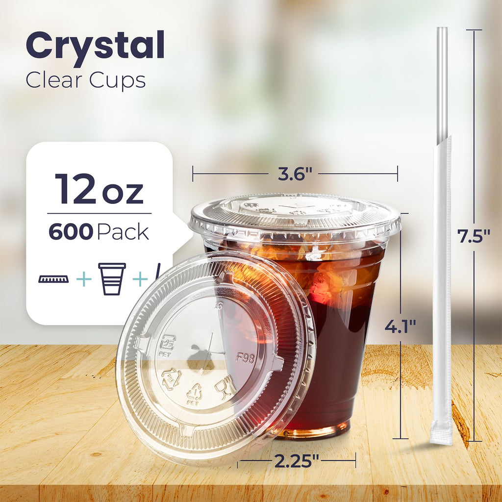 12 oz Clear Plastic Cups with Lids and Straws S7649