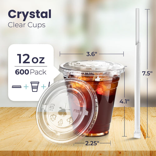 12 oz Clear Plastic Cups with Lids and Straws S7649